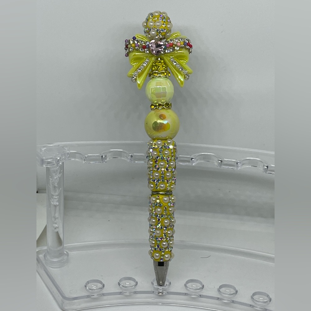 Yellow Beaded Pen with Rhinestone Accents